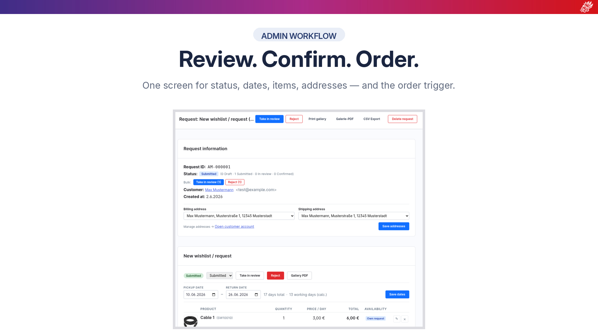 Anfrage-Detail im Admin mit Status-Workflow-Buttons, Adressen, Mietzeitraum und Artikel-Tabelle