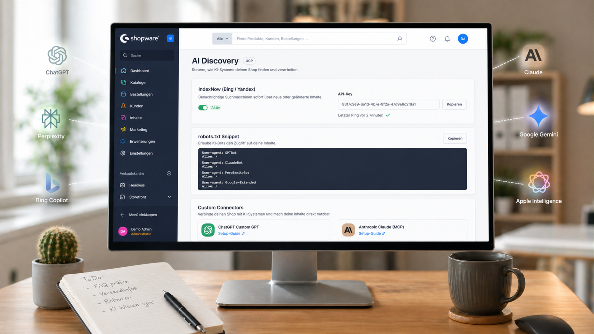 UCP AI-Discovery Adminseite mit IndexNow, robots.txt und Custom Connectors